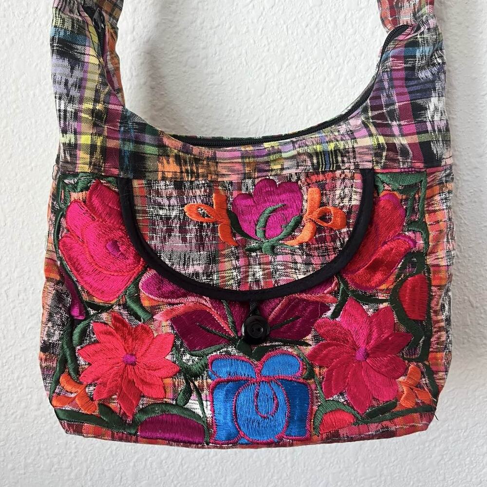 Embroidered Floral Plaid Patchwork Crossbody Hobo… - image 2